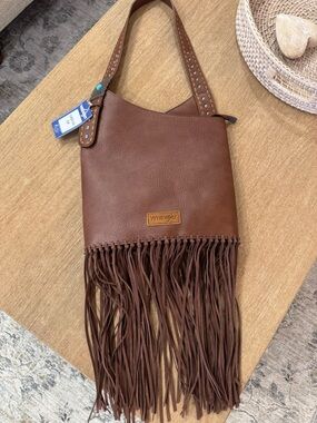 Wrangler Brown Fringe Shoulder Bag with turquoise & studded details on strap